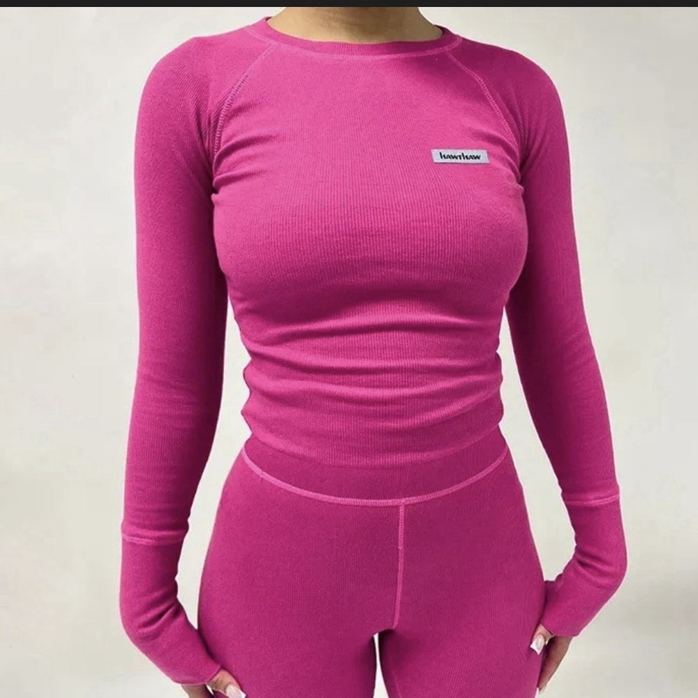 Hawthaw Women's Hot Pink Ribbed Long Sleeve Top‎ Size S Fitted Casual Athleisure